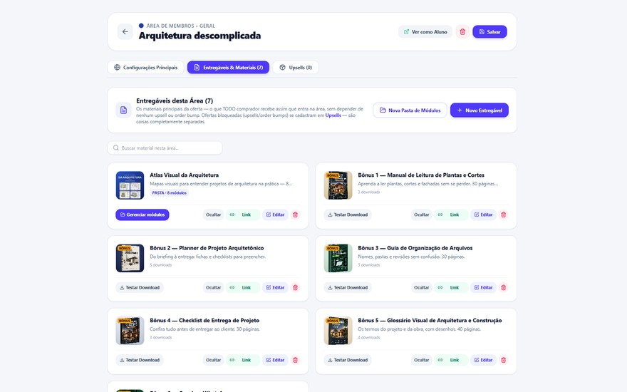Painel de entregáveis e materiais de uma área de membros