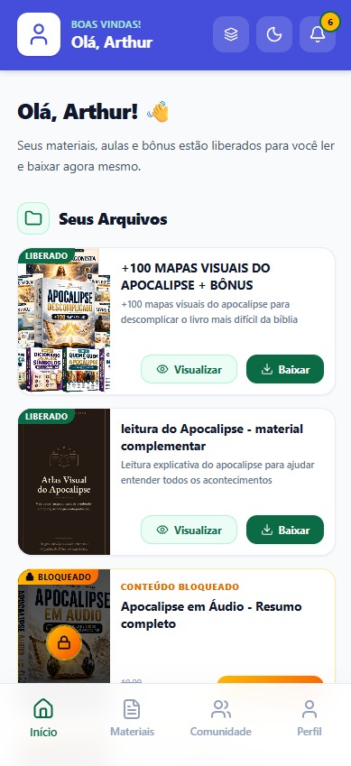 Início da Área de Membros com materiais liberados