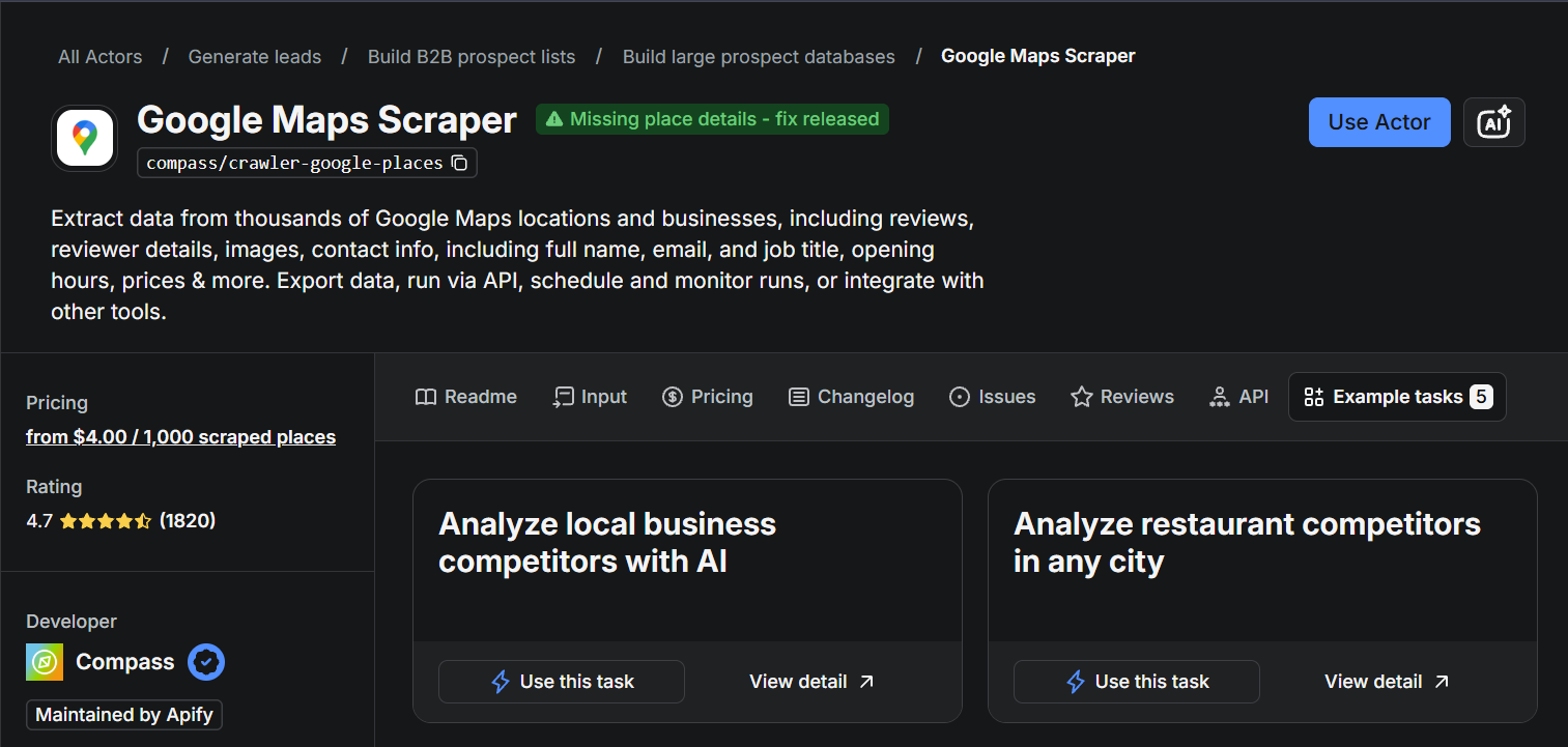 Página do actor Google Maps Scraper na Apify