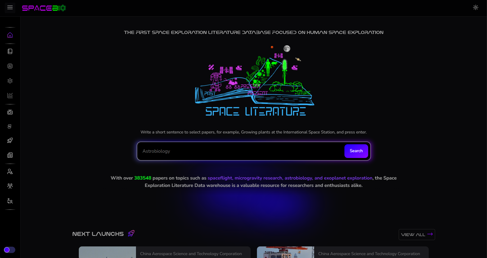 Home do SpaceBio com busca de literatura científica