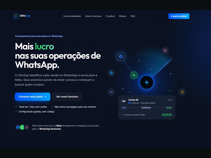 Landing page real do UtmZap: tracking para operações no WhatsApp
