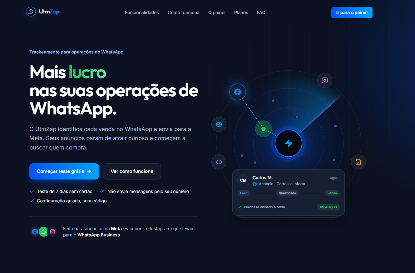 Landing page real do UtmZap, com o tracker embutido